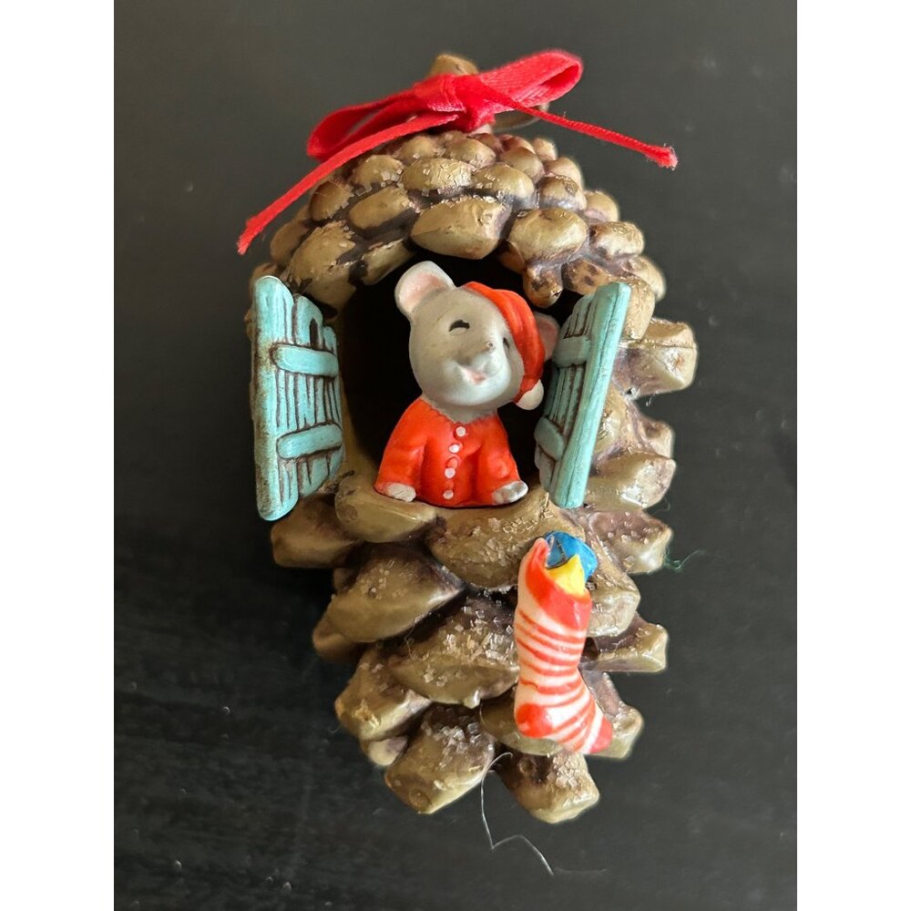 Mouse In Pinecone Christmas Ornament With Red Ribbon Vintage Christmas